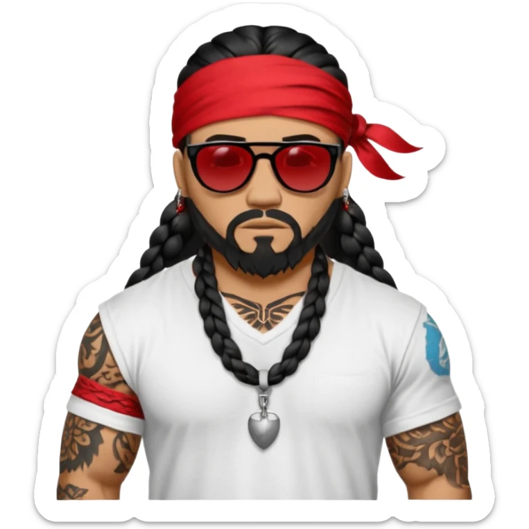 Samoan male. Chin goatee.
Larger XL loose fitting white t-shirt. 
Red bandana. 
Black jeans. 
long black braided hair.
very muscular.
More tattoos. 
Tough and menacing.
All black straight-framed sunglasses. sticker