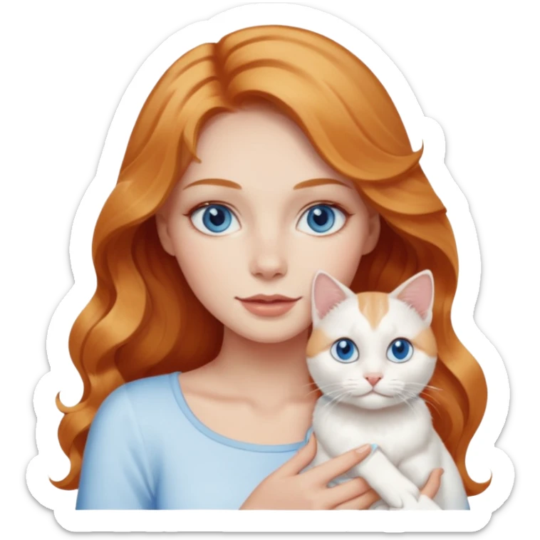 Long wavy strawberry blonde blue eyes woman with a white cat with blue eyes realistic  sticker