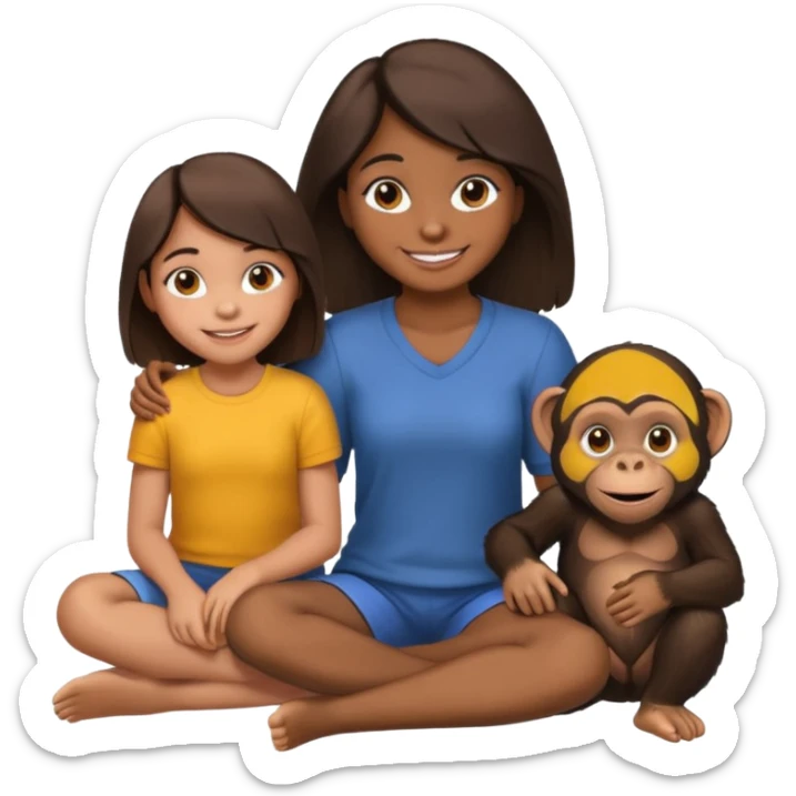 un chiomapnze sentado en el suelo al lado de una chica sticker