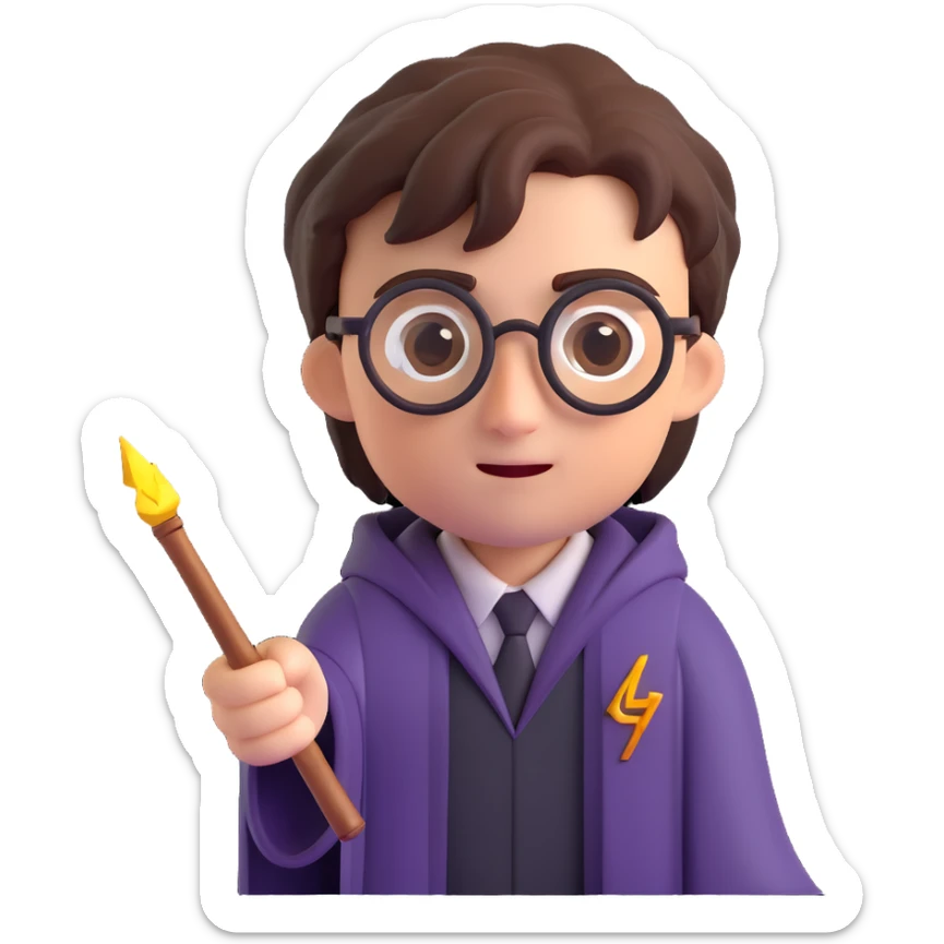 Harry Potter with glasses, lightning scar, and wand in 3D emoji style sticker