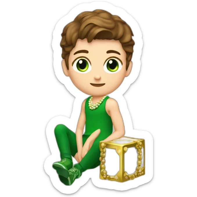 Posh-muscle-boy-brown-hair-green-eyes-pearl-necklace-sitting-on-golden-cube sticker