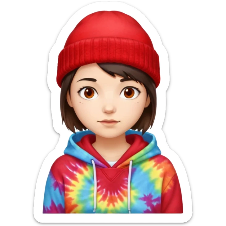 very short haired brunette girl with a red beanie on and a tiedye hoodie sticker