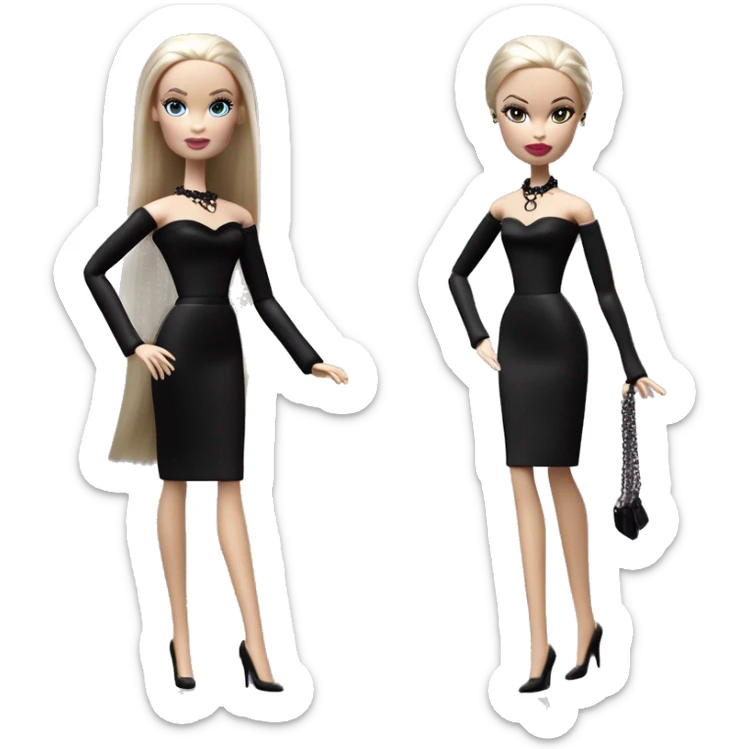  Elegant witch Wednesday Addams Barbie.  Small very light skin face. Earrings with matching necklaces Long silky hair. black flowing strapless tight evening gown neckline that’s off-the-shoulders shows her legs and black high heel shoes. sticker