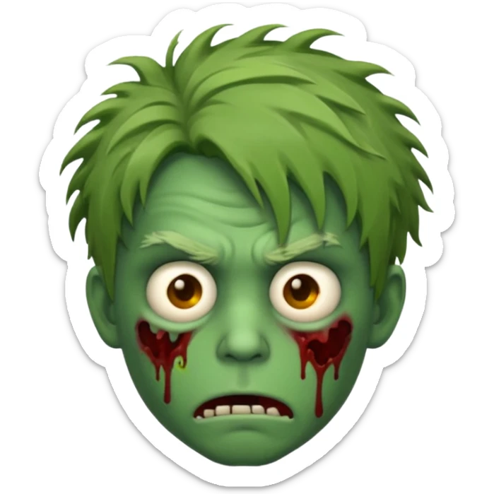 male zombie emoji, green skin, messy hair in the middle, exhausted look sticker