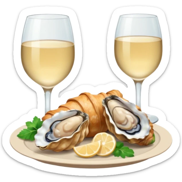 French cuisine humanless avatar in clean emoji-style illustration. Croissant, oysters and wine glass, soft beige tones, simple shapes, flat design, refined and cozy. sticker