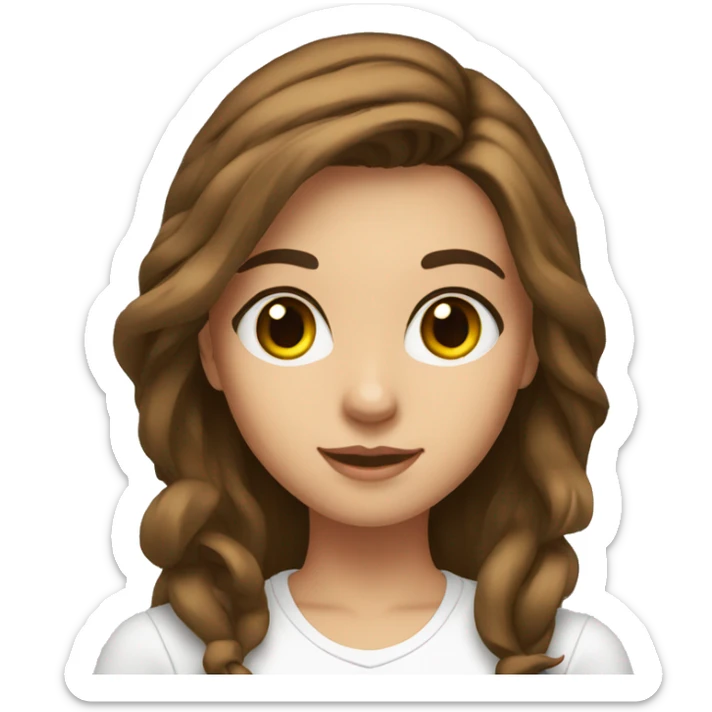 Girl in the radio studio with brown hair and eyes, long hair and white t shirt sticker