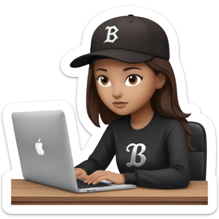 A professional 3D avatar of a young woman with light brown skin and long, dark brown hair, wearing a dark, long-sleeved shirt and a black baseball cap with a prominent white 'B' logo. She's sitting at a sleek wooden desk, typing on a silver MacBook. sticker