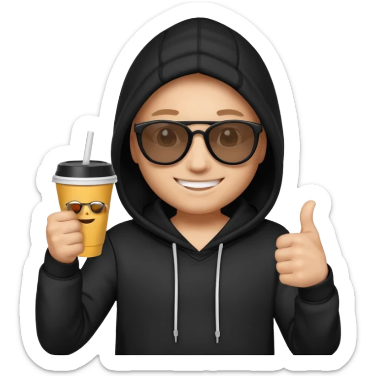 emoji di Gesù con felpa nera, sulla felpa in bianco scrivi "SKUIRTER" con occhiali da sole un pollice in su e in una mano un bicchiere di carta
 sticker