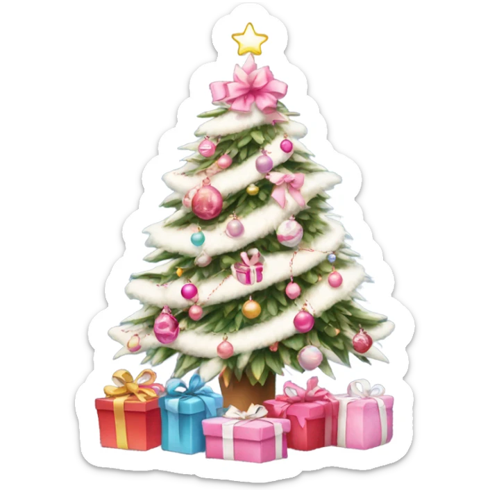 Christmas tree with pink and white decorations and lights with preppy gifts underneath  sticker