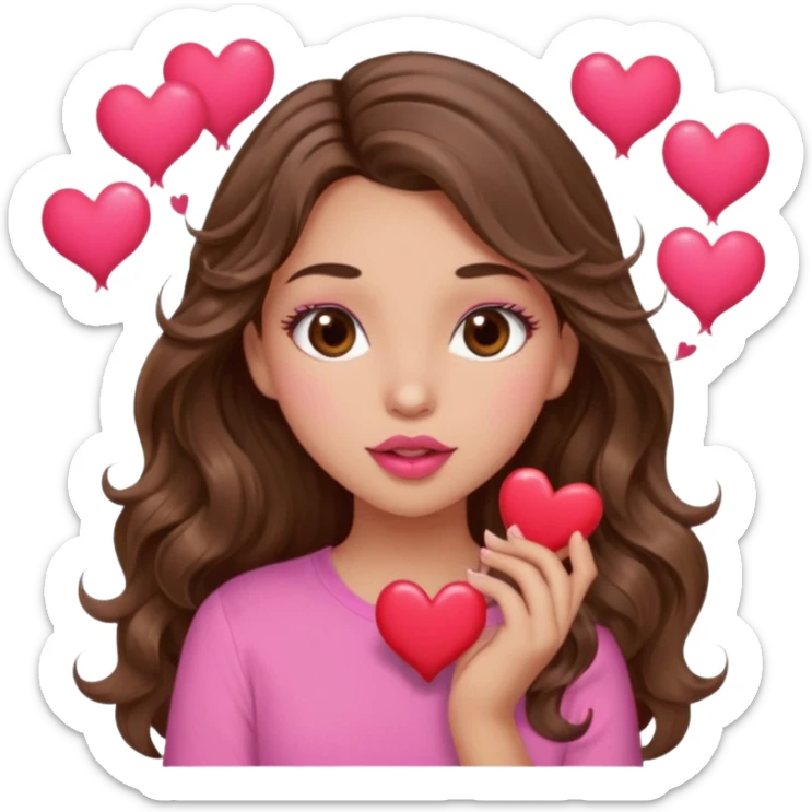 girl with long wavy brown hair, brown eyes, light to medium complexion, in a pink shirt, pink lips, long lashes, puckering up for a kiss, many  hearts in hand sticker
