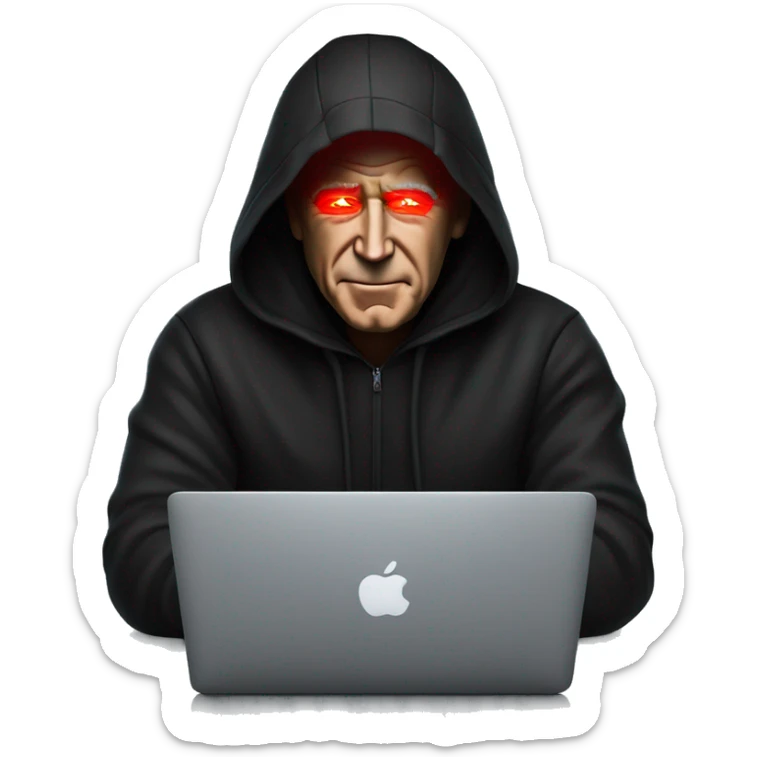 joe biden in a black hoodie with bright red glowing laser eyes typing on a macbook, joe biden, black hoodie, bright red glowing eyes, typing on macbook sticker