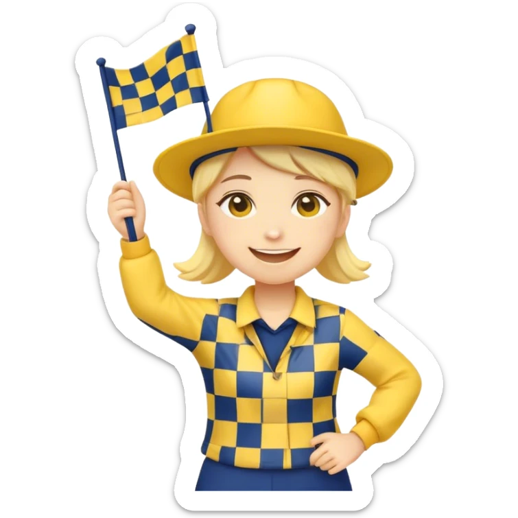 I want a yellow circle emoji holding a yellow and navy blue checkered flag in both hands, wearing a yellow and navy blue hat, dancing, and smiling. sticker
