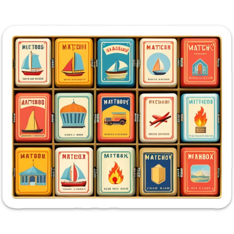 Icon for Matchbox Collecting: a collection of vintage and colorful matchboxes from different places, neatly displayed in a row or in a display case. The icon should reflect the uniqueness and diversity of matchbox collecting. Transparent background. sticker