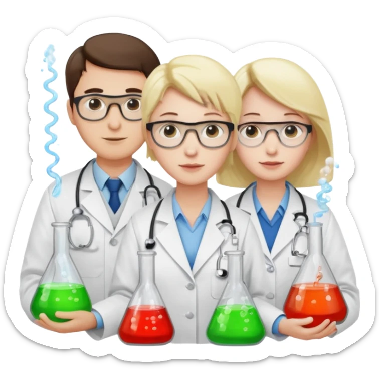 The team of three scientists is waist-deep, surrounded by chemical flasks and books sticker