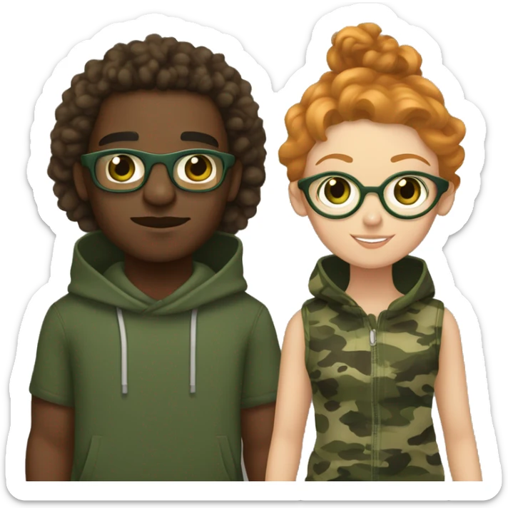 Black man with a camouflage hoodie, curly brown hair and brown eyes, holding hands with a ginger girl with straight hair, gold wire rim glasses and green eyes sticker