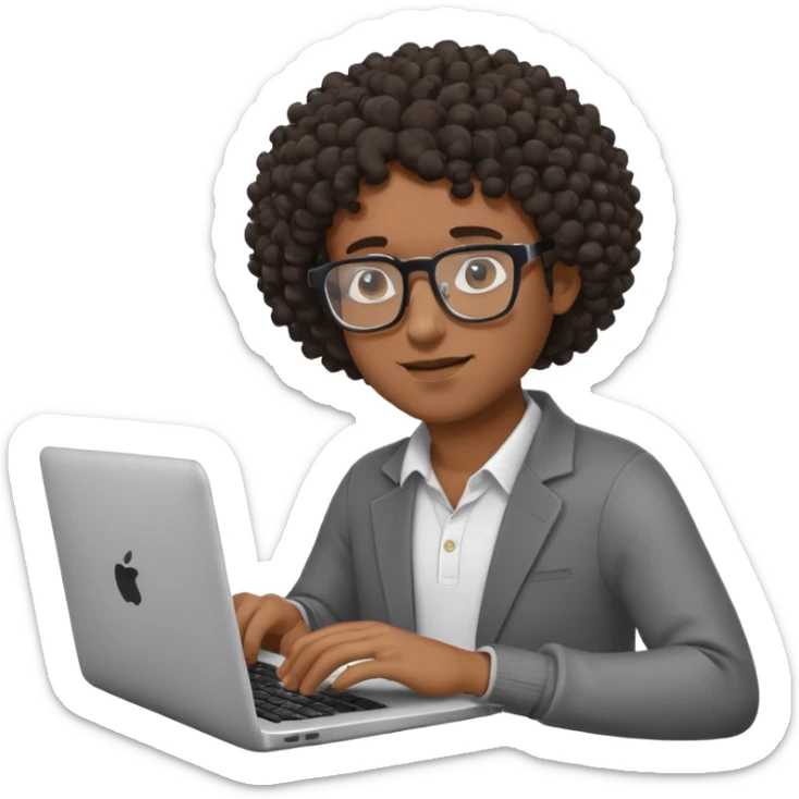 Black man with curly hair and glasses typing on a laptop, emoji style sticker