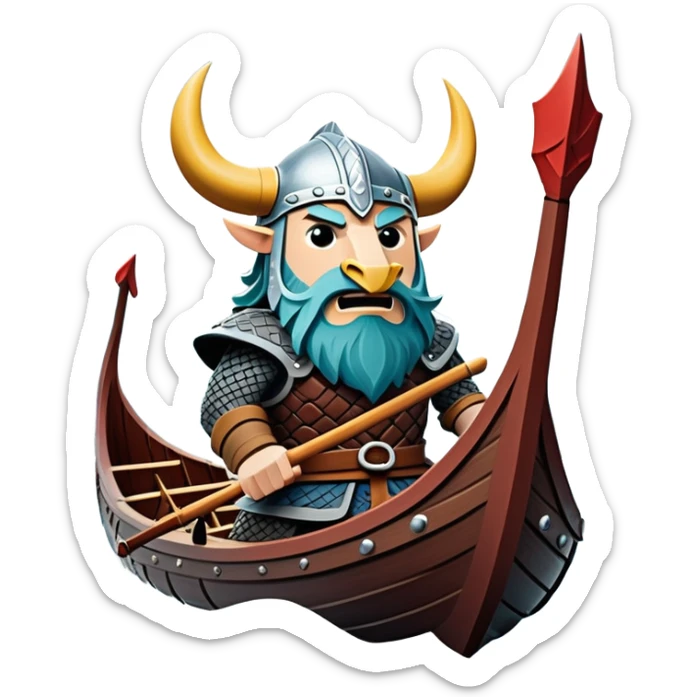 clash-of-clans-aesthetic_-cinematic-viking-longboat, rendered in a flat, bold vector style with minimal shading, featuring a striking dragon-headed prow slicing through icy, churning waters. shields on the side and vikings rowing The longboat’s intricately detailed shields and carved motifs evoke a sense of epic adventure and Nordic might, with billowing sails catching a dramatic, stormy sky backdrop. sticker