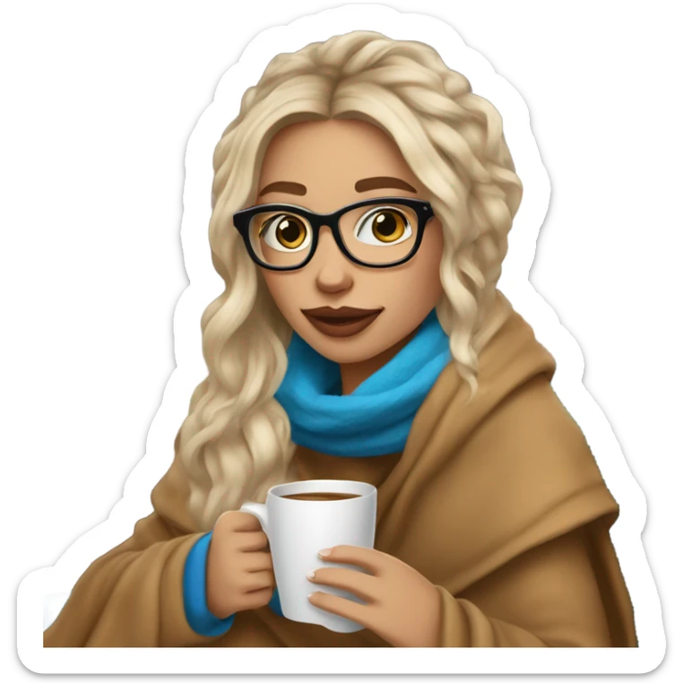 Balayage hair Girl drinking coffee, with a cozy blanket wearing glasses with blue eyes beautiful  sticker