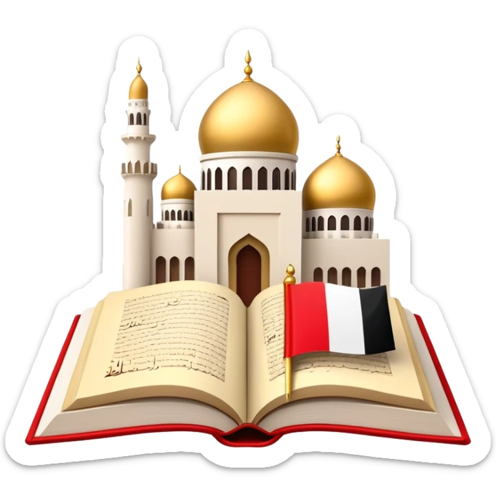 An icon featuring the mosque and the flag of United Arab Emirates, symbolizing the Arabic language. The design includes an open book with Arabic script and calligraphy, representing language learning and cultural heritage. Transparent background sticker
