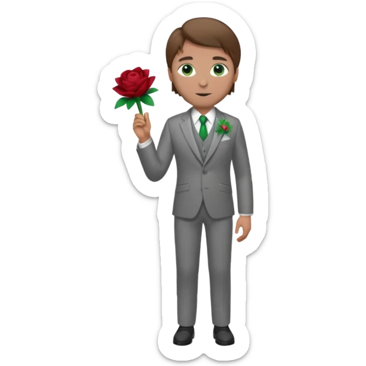 Chico blanco, pelo castaño, ojos verdes, traje boda gris y flor solapa , cuerpo entero sticker