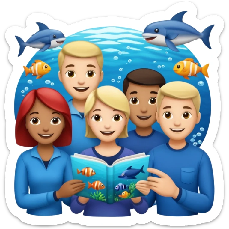 des gens qui lisent un panneau afin d'en apprendre plus sur la vie marine  sticker