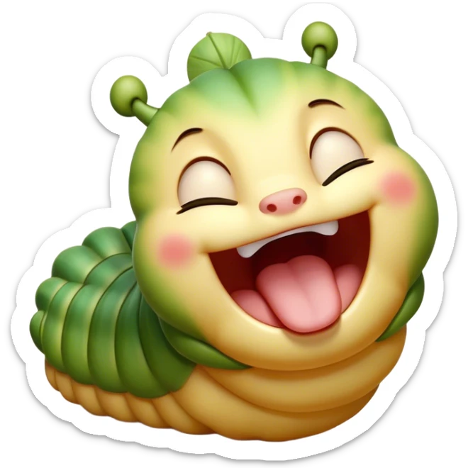 Cinematic Adorable Yawning Caterpillar Portrait Emoji, Head tilted slightly with a dramatic, wide-open yawn, showcasing a plump, segmented body with softly drooping edges and sleepy, half-closed eyes, Simplified yet irresistibly cute features, highly detailed, glowing with a soft, cozy natural glow, high shine, relaxed yet expressive, stylized with a dash of whimsical transformation charm, soft glowing outline, capturing the essence of a drowsy caterpillar that appears ready to stretch and yawn its way out of the screen! sticker