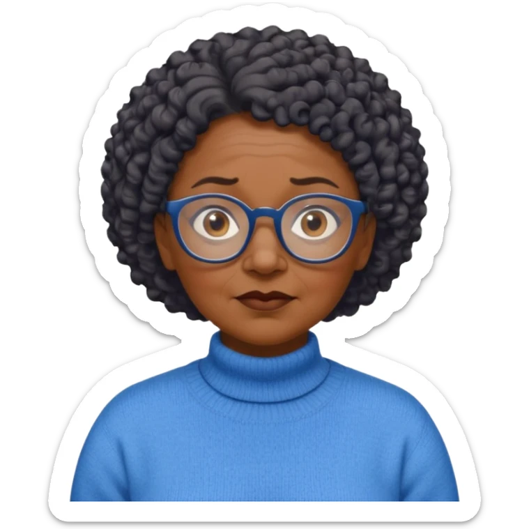 Old black woman, solemn, wearing glasses and blue sweater, short curly hair sticker
