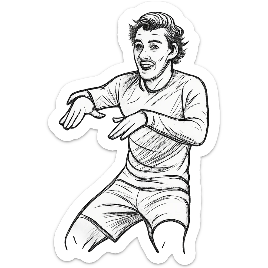Griezmann goal celebration, football player, doing dance moves with hands, wearing football jersey, detailed facial expression, dynamic pose, modern line style sticker