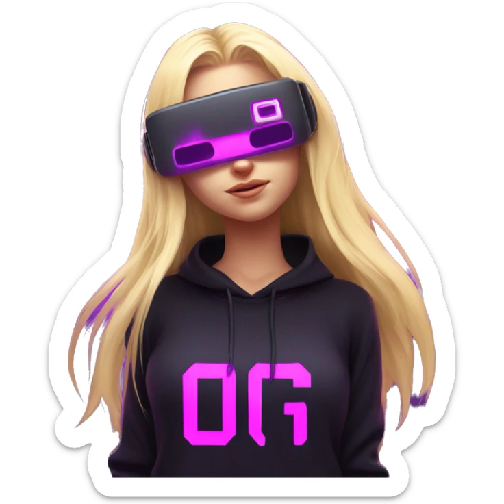 Russian cute blond student girl wearing black hoody with violet letters "OMG", in vr headset. No eyes. Cyberpunk style. Violet neon. sticker