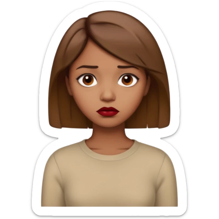 a brown girl with short light brown hair wearing a beige full sleeve and looking sad. dark red lip sticker