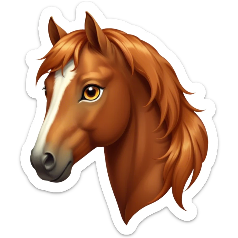 Cinematic Elegant Chestnut Horse Portrait Emoji, Head held high with a serene, graceful gaze, showcasing a magnificent chestnut fur with a radiant shimmer, flowing mane and tail, and luminous amber eyes that exude beauty and grace, Simplified yet majestically refined features, highly detailed, glowing with a soft, ethereal light, high shine, poised and breathtaking, stylized with an air of pure elegance, capturing the essence of a stunning and graceful steed, so beautiful it feels like it could gallop out of the screen with effortless charm! sticker