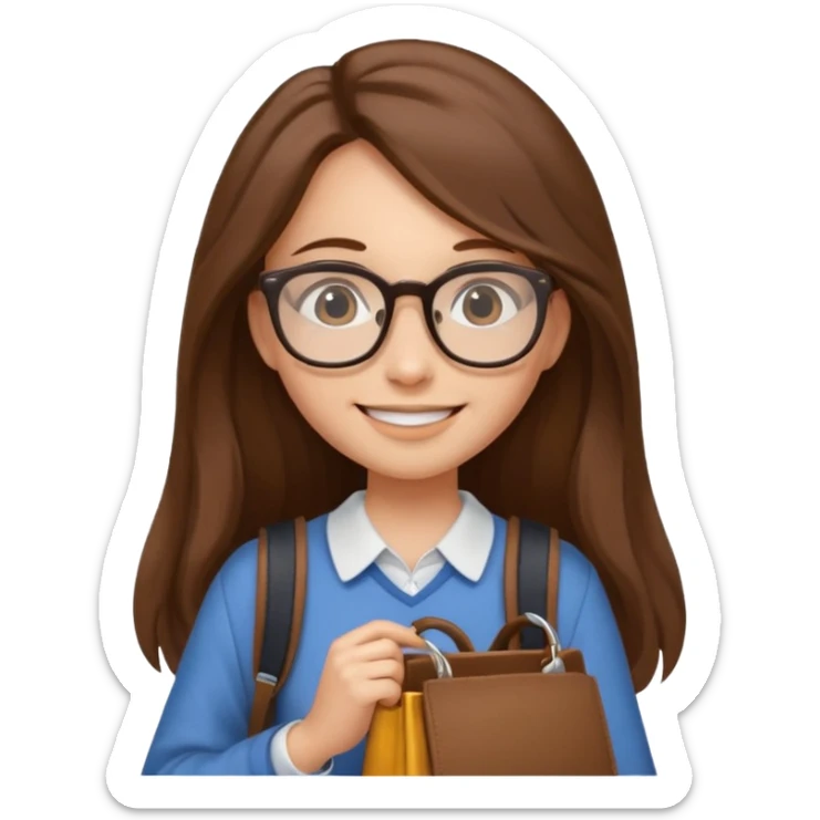 brown long hair woman, going to university wearing a glass, looks pretty no backpack just cure bag  sticker