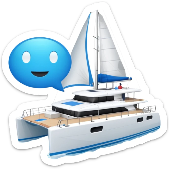 a lagoon 42 catamaran with no wording on the boat and an i message chat bubble icon coming out the top of the boat  sticker