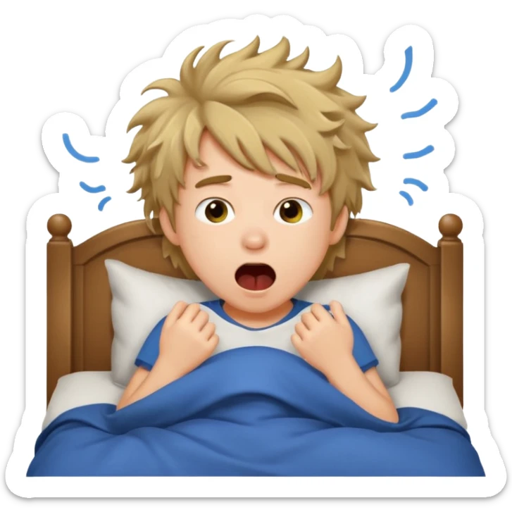 emoji- of a cute boy waking up in bed. He is yawning or rubbing his eyes.  sticker