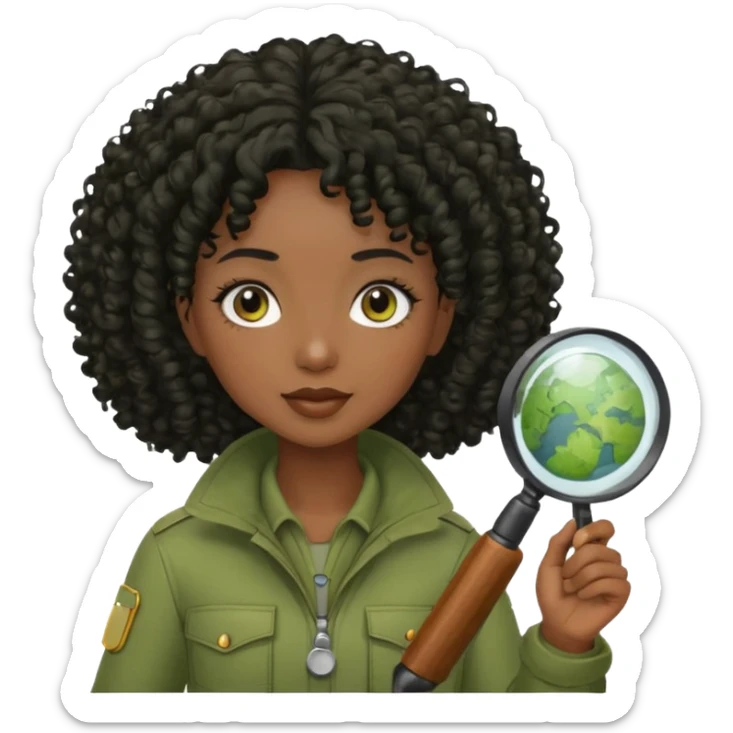 dark skin curly black haired woman in moss green explorer outfit, holding magnifying glass sticker