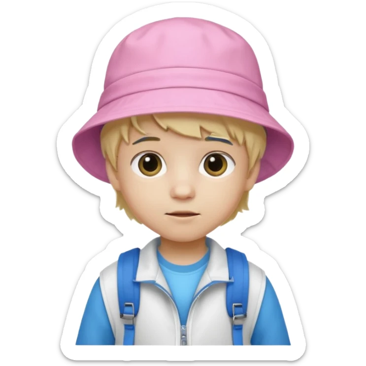A little boy student white skin, blonde hair, with pink bucket hat, white jacket, blue backpack sticker