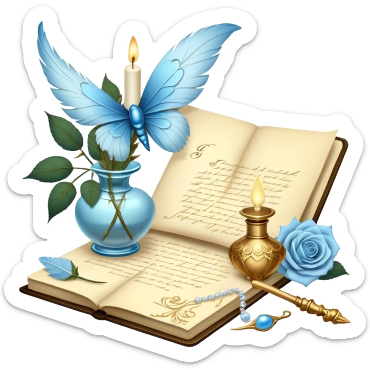 A dreamy, romantic scene of a candle-lit desk with an open love letter, a feather quill dipped in golden ink, an ornate perfume bottle, and a bouquet of pale blue roses resting beside a pearl-adorned butterfly.
 sticker