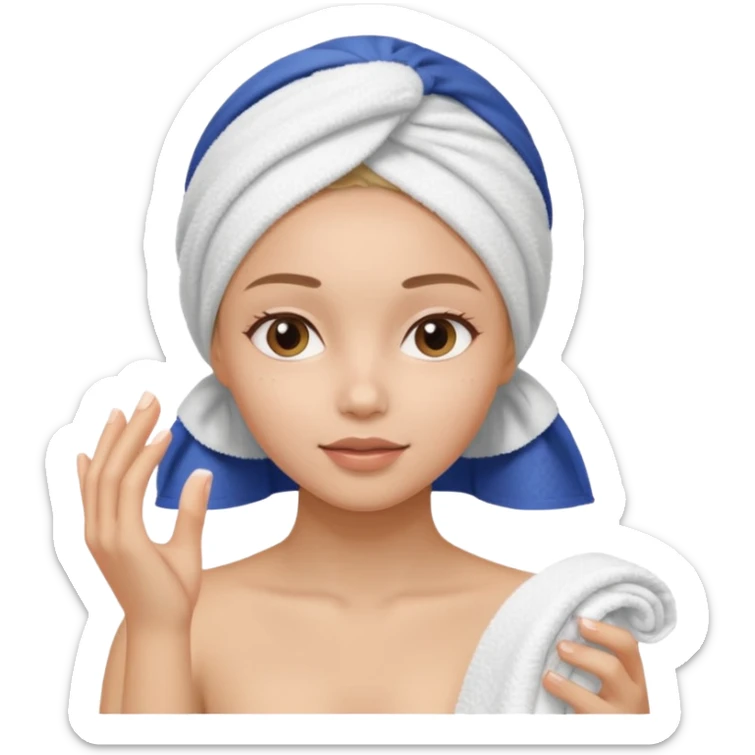 A gril that her head covered with towel and skincare plis hide the hair and this girl shuold be using a skincare product sticker