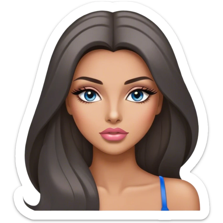 Glamours, tanned, very beautiful girl, with big pump peach-beige-rose lips, long long lashes, black straight smooth silky long hair, straight parting hair, blue-grey eyes sticker