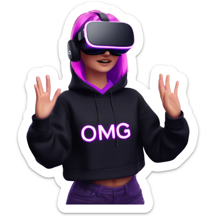 Russian girl wearing black hoody with violet letters "OMG", in vr headset oculus quest2. Dancing. Cyberpunk style. Violet neon. sticker