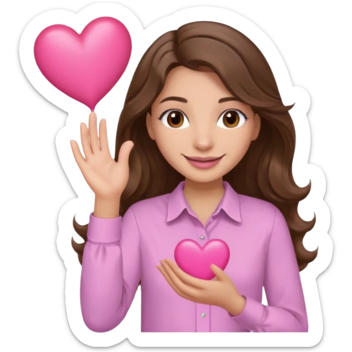 girl with wavy long brown hair, brown eyes, light to medium complexion, long lashes, light pink lipstick, wearing light pink shirt, smiling, hands holding a pink heart sticker