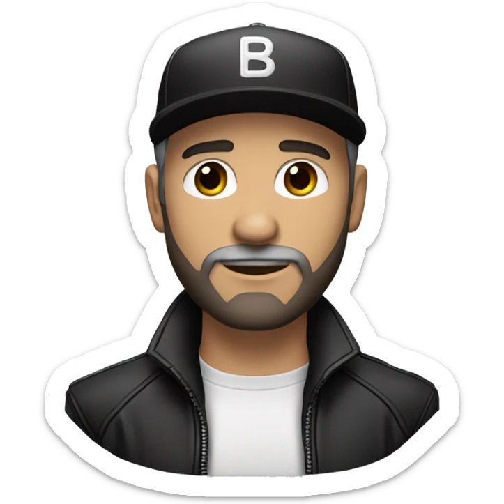 An adult white skin portrait of male with stubble and a slightly gray beard, brown hair, black eyes, wearing a black Reebok cap with a round emblem on his head, and a black leather jacket and stand collar. sticker