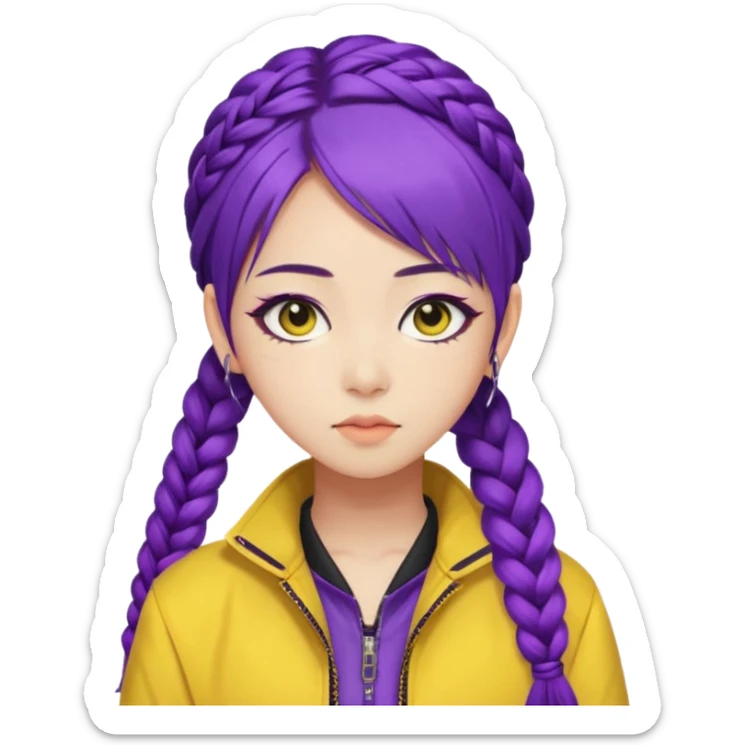 kpop hunters Rumi purple hair one large braid, asian, yellow jacket and wearing eyeliner sticker