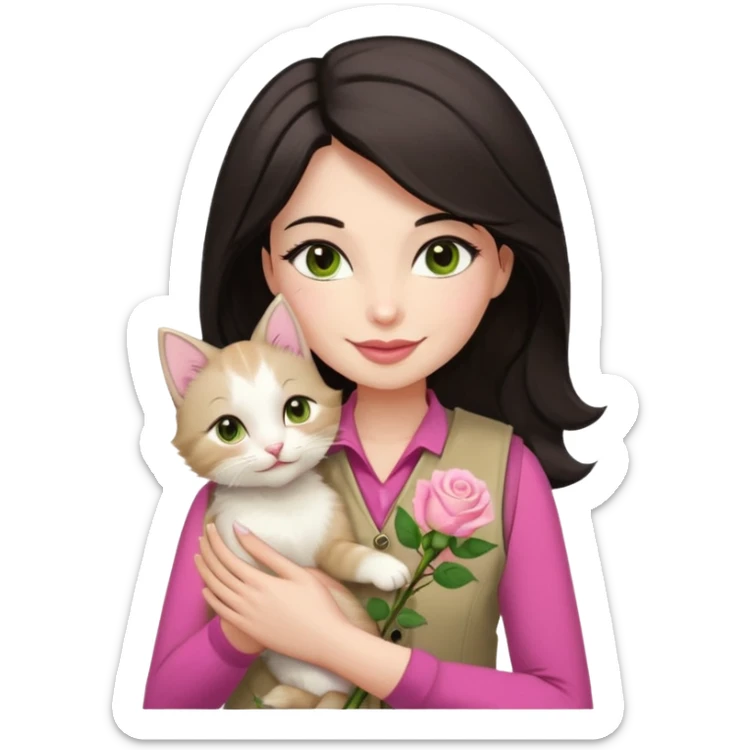 Make me an iphone avatar sticker of a woman with slightly brown black wavelength hair, dark brown eyes, slightly yellow white skin, pink lips, brown clothes and cream vest with a rose flower motif who is smiling and hugging a white kitten with green eyes. sticker