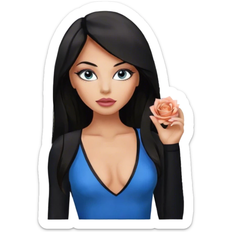 Glamours, tanned, beautiful, girl, with big pump peach-beige-rose lips, eyeliner, long lashes, black straight smooth silky long hair, straight parting hair, blueeyes in black v-neck bodysuit sticker