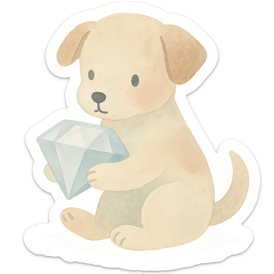 playful puppy holding a large diamond in its paws, watercolor art, pastel tones, delicate brushwork sticker