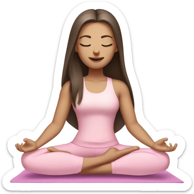Brunette long hair and blue eyes yoga beautiful girl in light pink pink pink clothes sitting on a yoga mat with eyes closed sticker