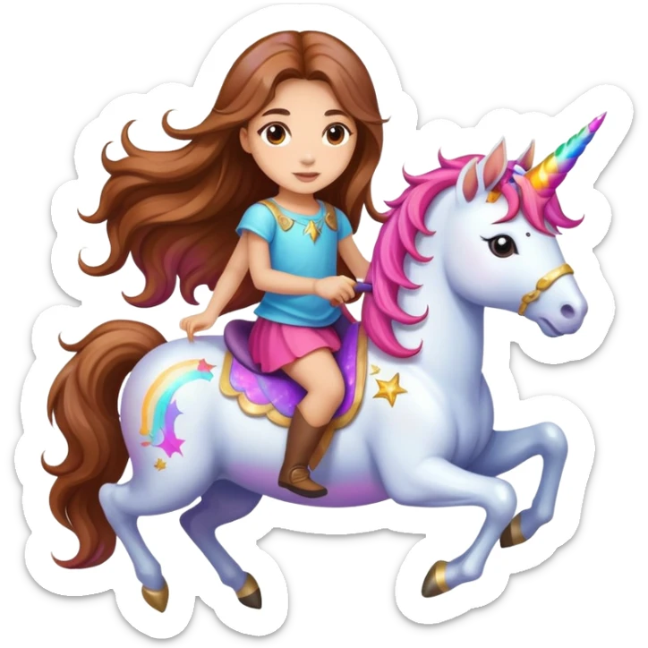 young light-skinned girl with long brown hair on a colorful unicorn sticker