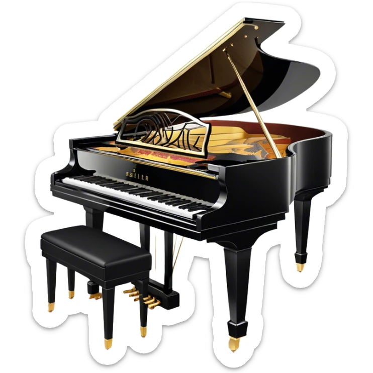 Create an elegant and detailed emoji representing the Seiler 278 Konzert grand piano. The design should feature the grand piano's polished black body with shiny, reflective surfaces, capturing its high-quality craftsmanship. The black and white keys should be clearly visible, with the curved shape of the grand piano’s body and lid, which can be slightly open. Add visible details like the pedal system, the intricate wood finish on the frame, and the elegant legs of the piano. The musical notes should float around the piano, evoking the sound of a professional concert instrument. Use deep black, white, and gold tones to highlight its luxurious appearance. The background should be transparent. sticker