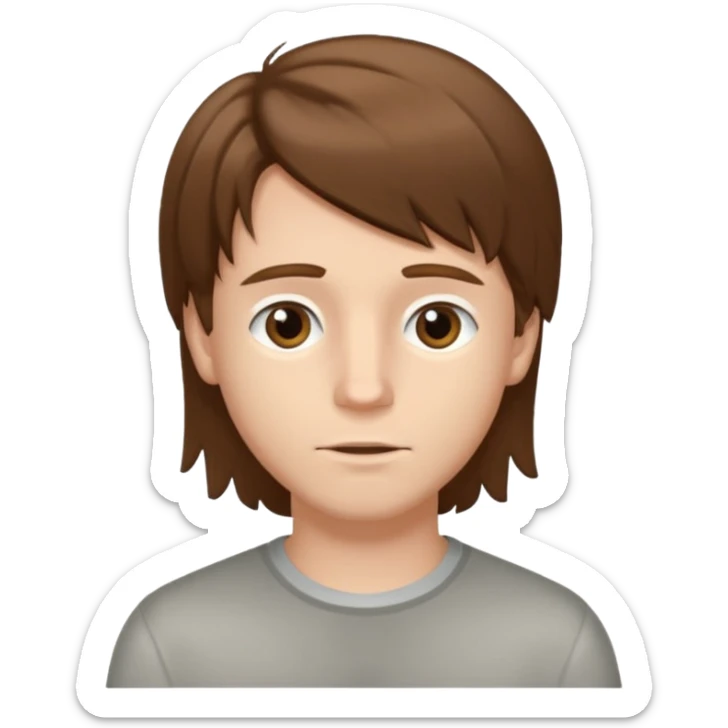 A young white boy with brown hair and eyes, with slightly long, straight and disheveled hair, Make it look aesthetic sticker